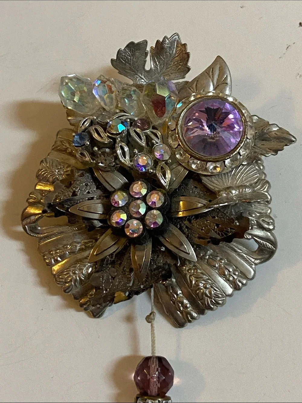 Silver Floral Brooch with Purple and Pink Crystal Dangles Rhinestone